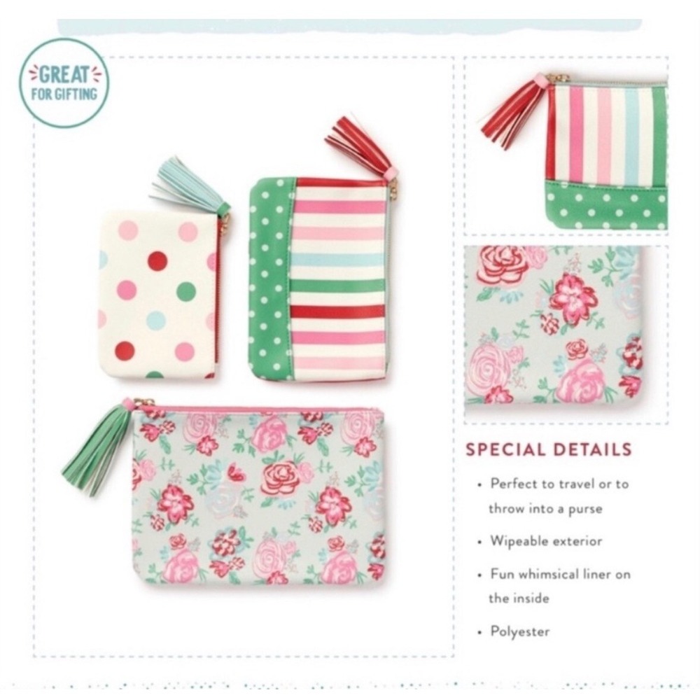 Matilda‎ Jane Set of 3 Cosmetic Bags Floral Polka Dot Stripe Teacher Gift